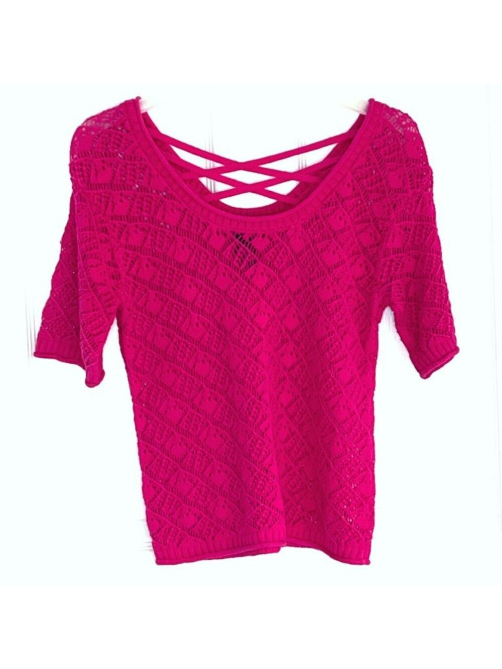 Open Knit Sweater Cotton size Small Short Sleeve Strappy Boho Fairy Pink